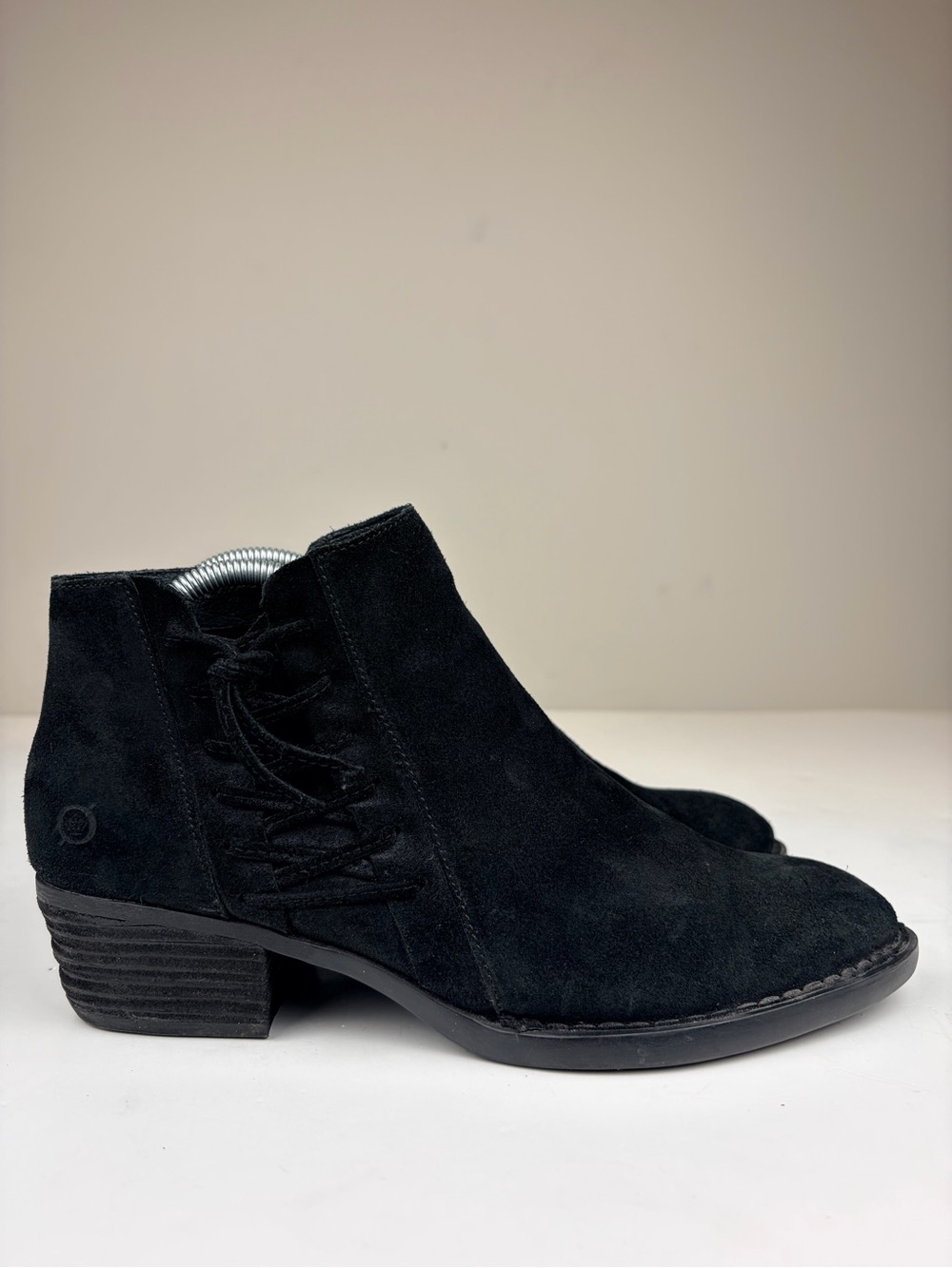 Born Black Suede Ankle Booties Side Zip Lace Up Low Heel‎ Womens 9.5M